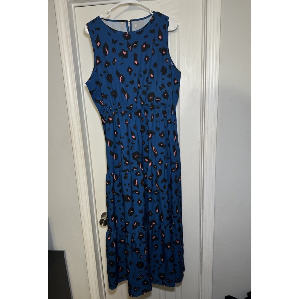 Womens Plus Size Blue Pink Sleeveless Summer Dress Midi 2X 2XL Cheetah Print